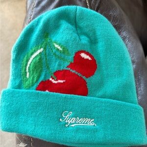 Supreme Teal Beanie Hat with Red Cherry Embroidery -